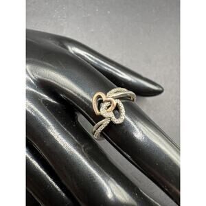 PJ Sterling Silver 925 10K Gold Accent Diamonds Double Open Heart Ring Sz 6.5